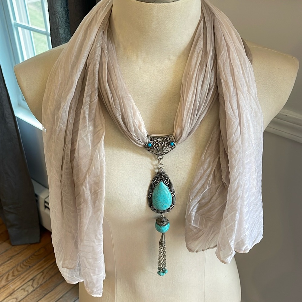 Tan Jewelry Scarf with turquoise Pendant